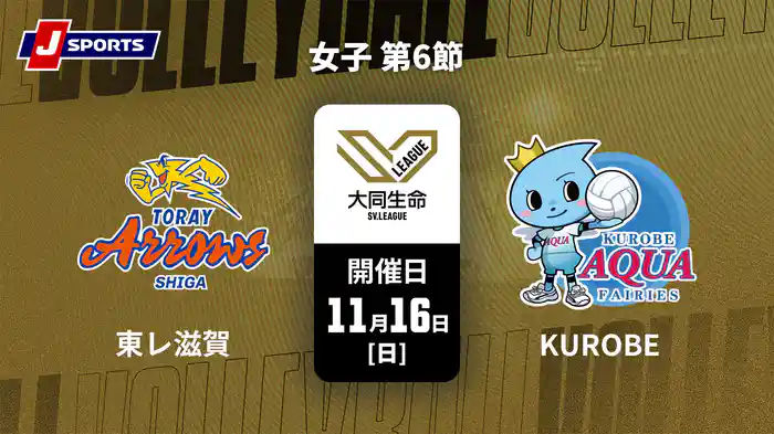 【無料】大同生命SVリーグ 2025-26 女子 第6節 東レアローズ滋賀 vs. KUROBEアクアフェアリーズ(11/16)