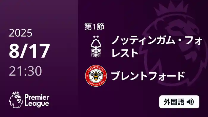 第1節 ノッティンガム・フォレスト v ブレントフォード 8/17 [プレミアリーグ]
