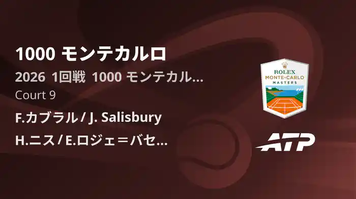 1000 モンテカルロ Day2 1回戦 F.カブラル/J. Salisbury VS H.ニス/E.ロジェ＝バセラン [ATPツアー 2026]