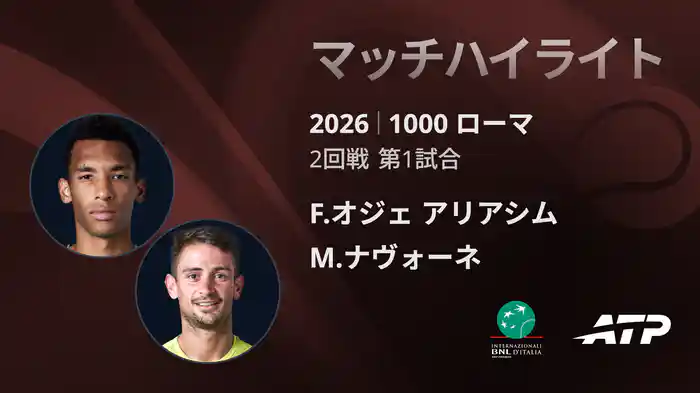 1000 ローマ シングルス2回戦 F.オジェ アリアシム VS M.ナヴォーネ マッチハイライト [ATPツアー 2026]