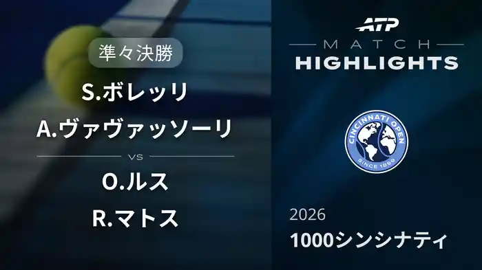 1000 シンシナティ ダブルス準々決勝 S.ボレッリ/A.ヴァヴァッソーリ VS O.ルス/R.マトス マッチハイライト [ATPツアー 2026]