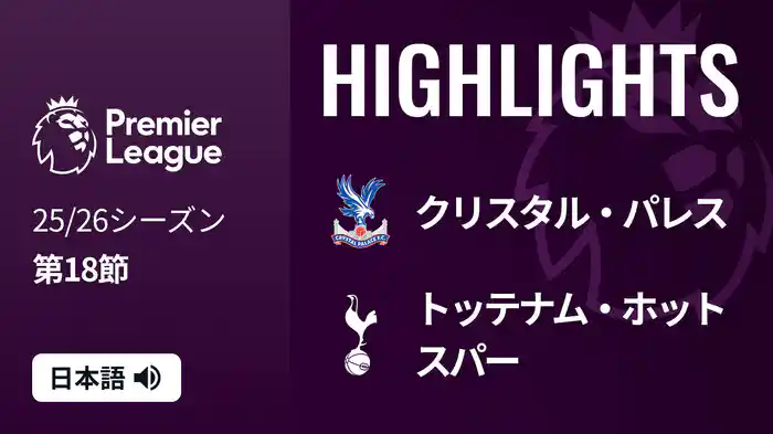 第18節 クリスタル・パレス v トッテナム・ホットスパー 12/29 [プレミアリーグ] マッチハイライト
